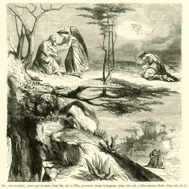 Illés, a sivatagban, angyal táplálta, Illés leborul, hallgat az Úrra, Illés vezeti Elizeust (metszet) alkotó: French School