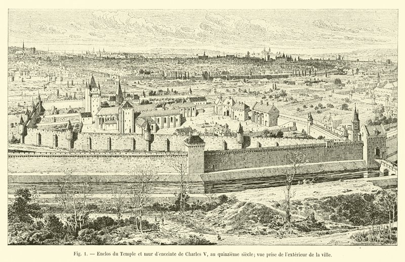 V. Károly templomának és a környező falnak a körülzárása a tizenötödik században; kilátás a városon kívülről alkotó: French School