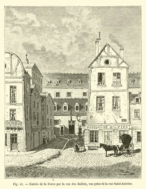 A La Force bejárata a rue des Ballets-en keresztül, kilátás a rue Saint-Antoine-ról alkotó: French School