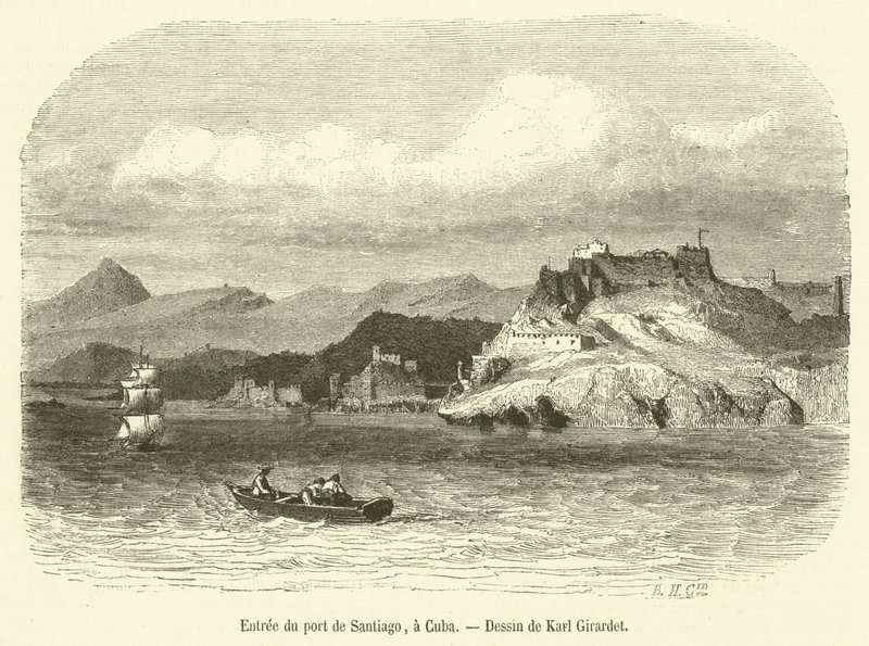 Entree du port de Santiago, Kubába (metszet) alkotó: French School