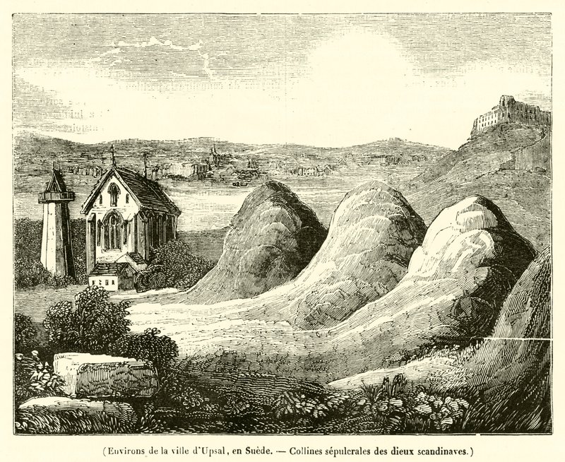 Upsal városának környéke, Svédország, a skandináv istenek sírdombjai (metszet) alkotó: French School
