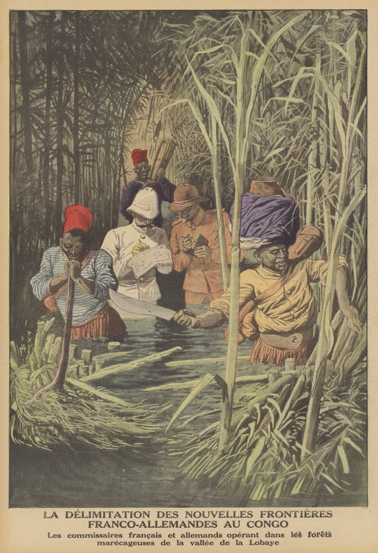Határ létrehozása a francia és a német területek között Kongóban (színes litho) alkotó: French School