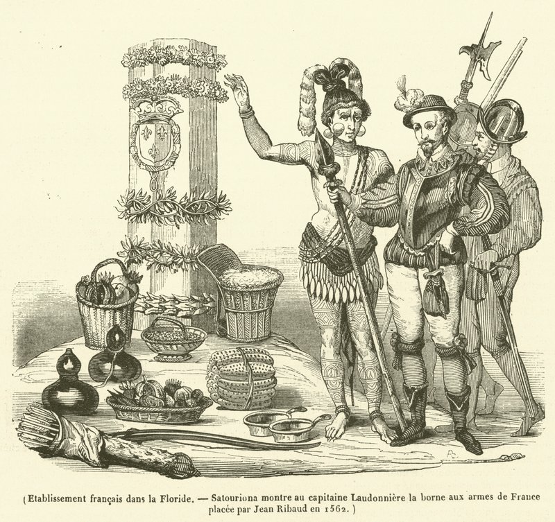 Francia telephely Floridában, Satourionában megmutatja Laudonniere kapitánynak a Jean Ribaud által 1562-ben elhelyezett francia karokkal ellátott terminált (metszet) alkotó: French School