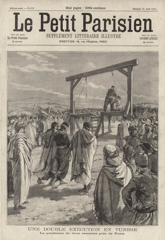 Kivégzés két bérgyilkos felakasztásával Tunisz közelében, Tunéziában (metszet) alkotó: French School