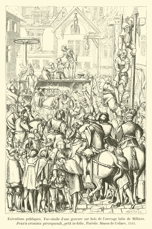 Executions publiques, Fac-simile dune gravure sur bois de louvrage latin de Millaeus, Praxis criminis persequendi, petit in-folio, Parisiis, Simon de Colines, 1541 alkotó: French School