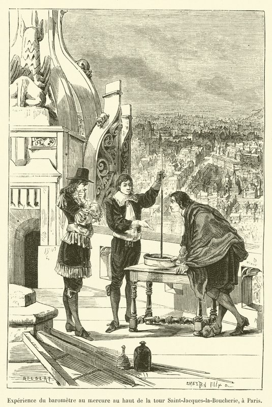 A párizsi Saint-Jacques-la-Boucherie torony tetején található higanybarométer tapasztalata (metszet) alkotó: French School
