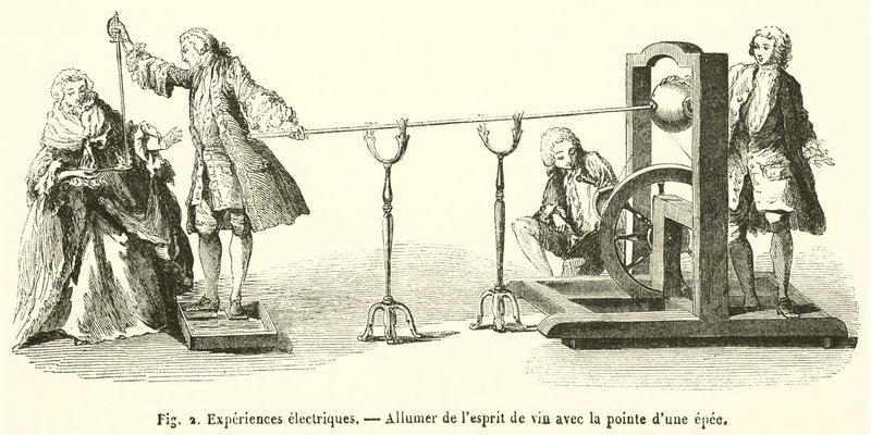 Elektromos kísérletek, A bor szellemének meggyújtása kard hegyével (metszet) alkotó: French School
