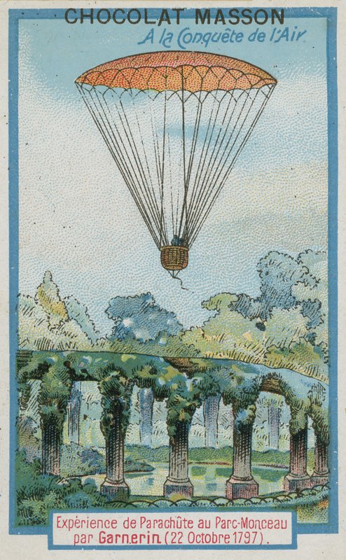 Andre-Jacques Garnerin ejtőernyős kísérletezése a Parc Monceau-ban (1797. október 22.) alkotó: French School