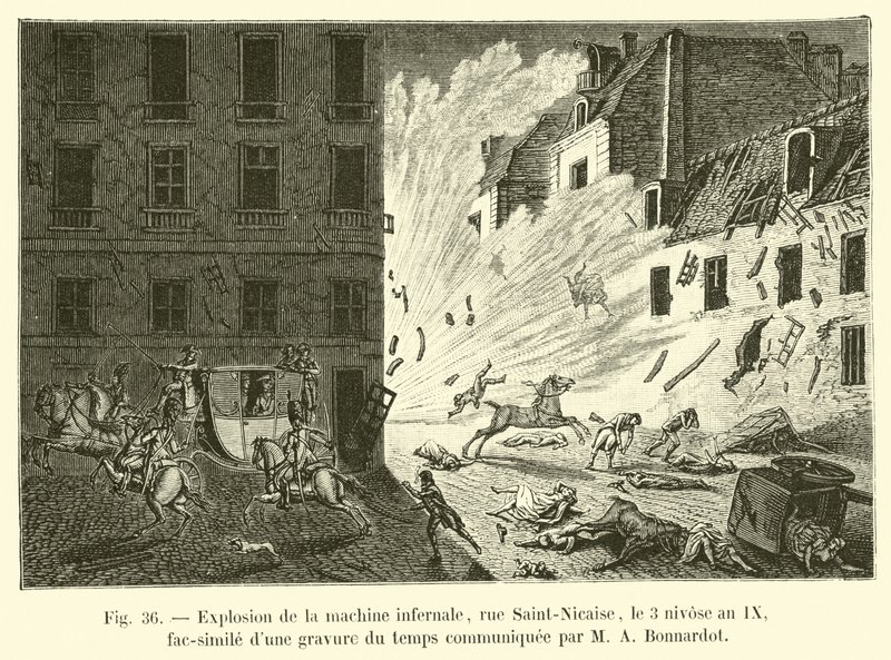 A pokolgép felrobbanása, rue Saint-Nicaise, 3 Nivose, IX. év, M A Bonnardot által közölt korabeli metszet fakszimile alkotó: French School