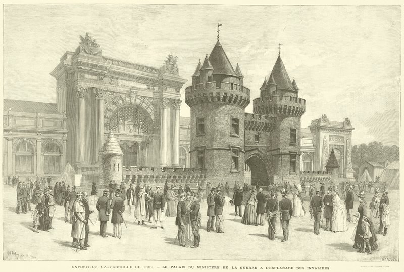 1889. évi egyetemes kiállítás, a Hadügyminisztérium Palotája az Esplanade des Invalides-nál (metszet) alkotó: French School