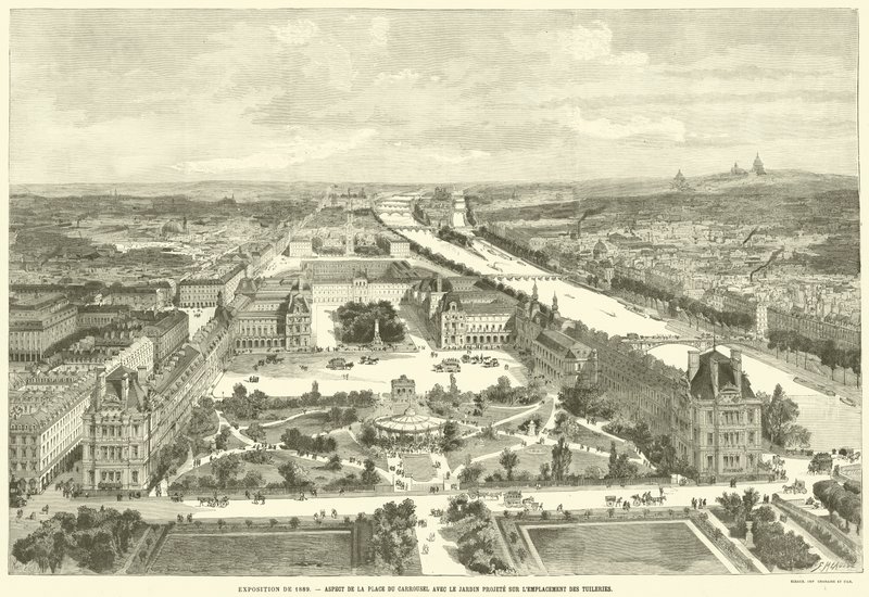 1889-es kiállítás, A Place du Carrousel részlete a tervezett kerttel a Tuileriák helyén (metszet) alkotó: French School