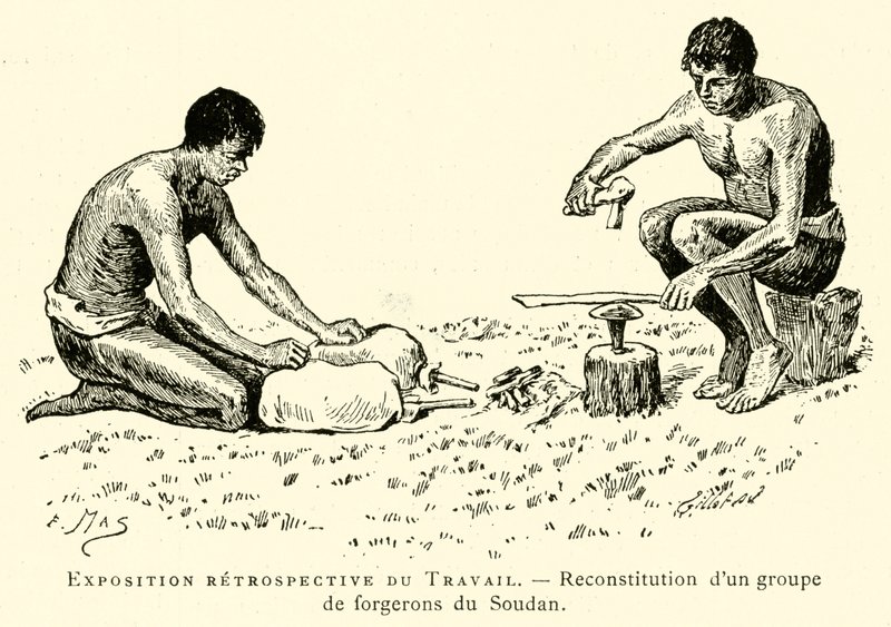 Retrospektív kiállítás a munkáról, egy szudáni kovácscsoport rekonstrukciója (metszet) alkotó: French School