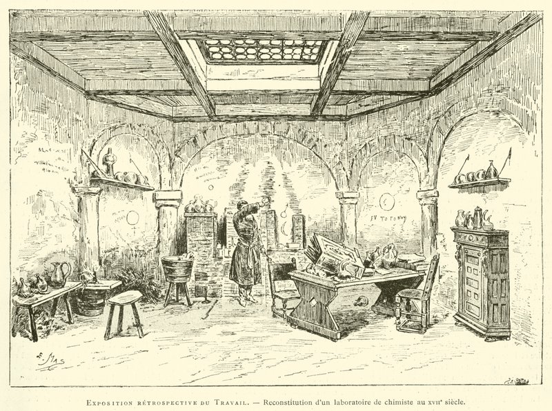 Retrospektív kiállítás a munkáról, egy 17. századi vegyészlaboratórium rekonstrukciója (metszet) alkotó: French School