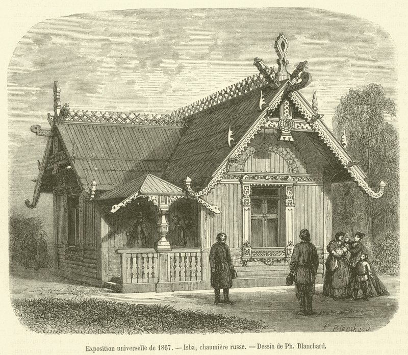 1867. évi egyetemes kiállítás, Isba, orosz házikó (metszet) alkotó: French School