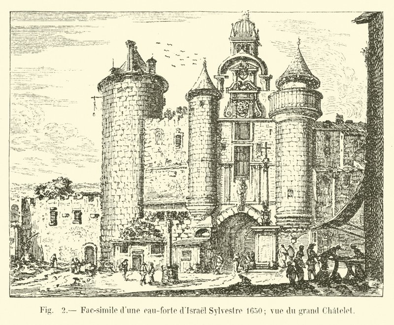 Israel Sylvestre 1650. évi rézkarcának fakszimile; kilátás nyílik a Grand Chateletre alkotó: French School