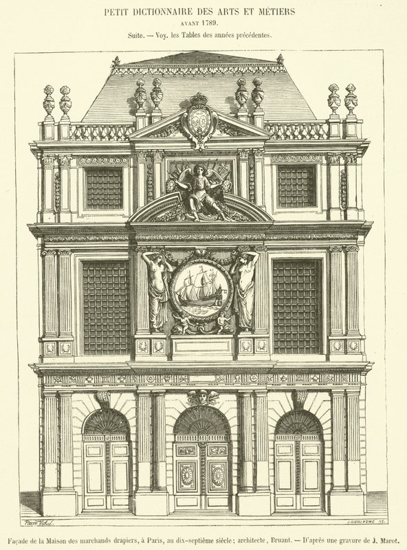 A párizsi Maison des Marchands Clothiers homlokzata, a XVII. században (metszet) alkotó: French School