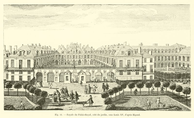 A Palais-Royal homlokzata, a kert oldala, XV. Lajos alatt, Rigaud után alkotó: French School