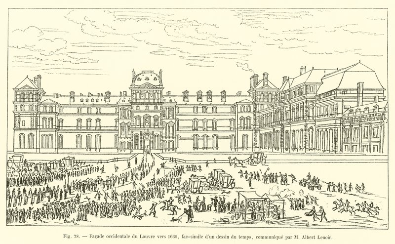 A Louvre nyugati homlokzata 1660 körül, egy korabeli rajz fakszimile, M Albert Lenoir közölte alkotó: French School