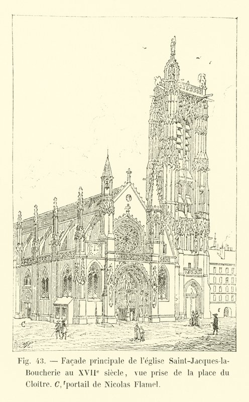 A Saint-Jacques-la-Boucherie templom főhomlokzata a 17. században, kilátás a Place du Cloitre felől, Nicolas Flamel portálja alkotó: French School