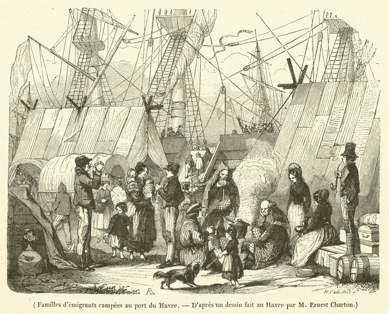 Kivándorló családok táboroznak Le Havre kikötőjében (metszet) alkotó: French School
