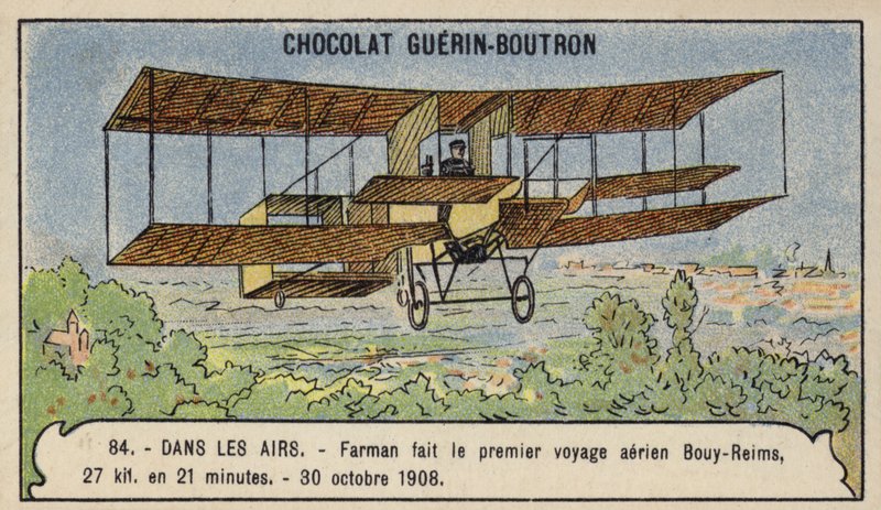 Farman az első tereprepülést hajtja végre Európában, Bouyból Reimsbe, Franciaországba, 1908. október 30-án (chromolitho) alkotó: French School