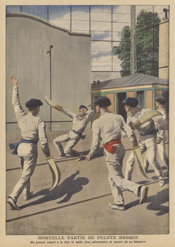 Halálos baleset a baszk pelota (színes litho) játék során alkotó: French School