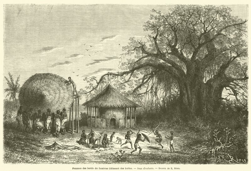 Nők a zambezi kunyhók partjáról, Gyermekjátékok (metszet) alkotó: French School