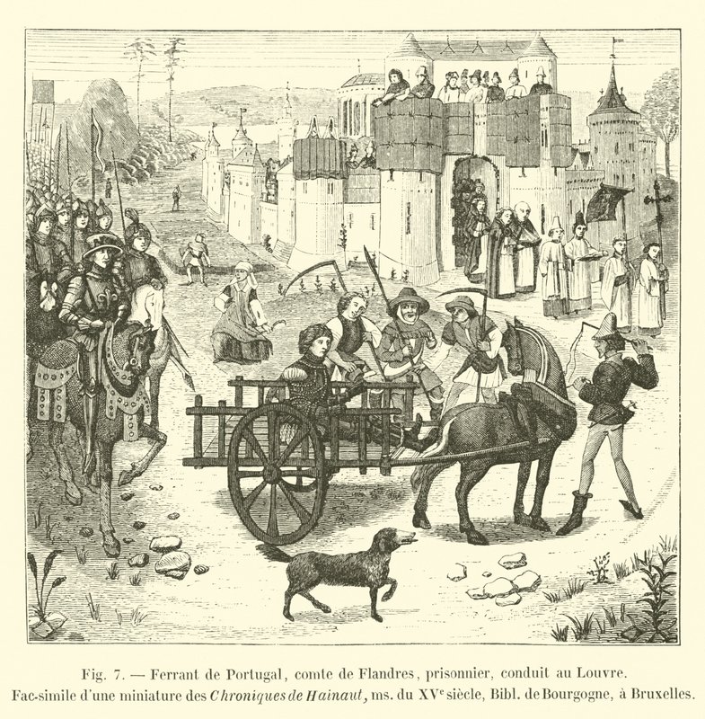 Portugália Ferrant, Flandria grófja, fogoly, a Louvre-ba vitték, a Chroniques de Hainaut miniatúra faksza, 15. századi ms, Bibl de Bourgogne, Brüsszelben alkotó: French School