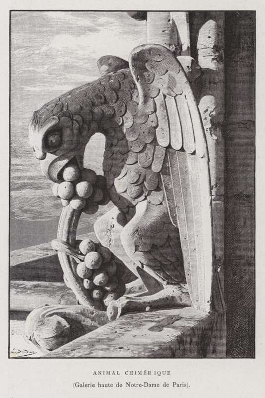 Kiméra állat figurája, a Notre Dame de Paris felső galériájáról (litho) alkotó: French School