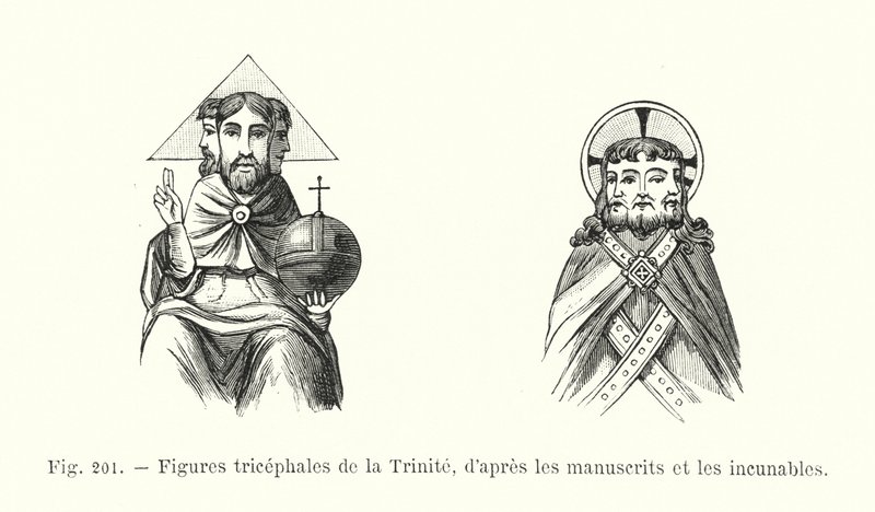 Háromfejű Szentháromság-figurák kéziratokból és inkunabulumokból (metszet) alkotó: French School
