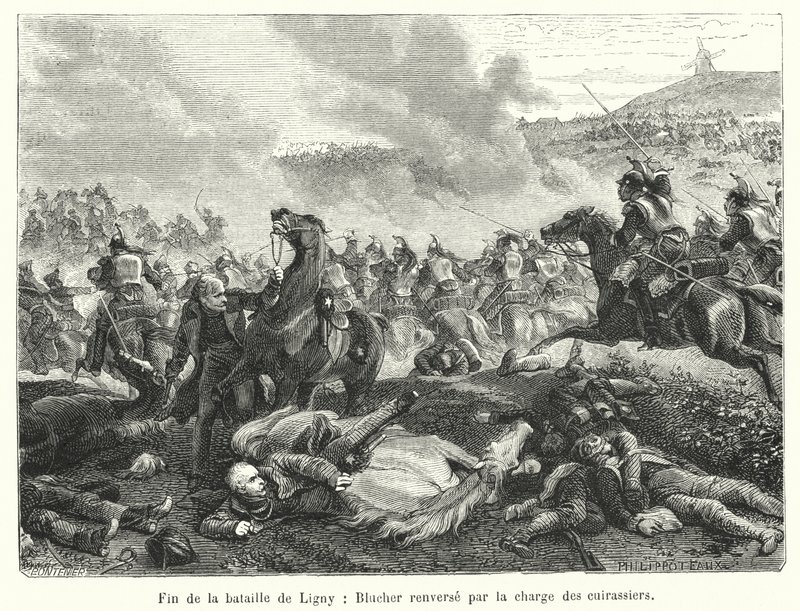 A ligny-i csata vége, Bluchert megbuktatta a cuirassiers vádja (metszet) alkotó: French School