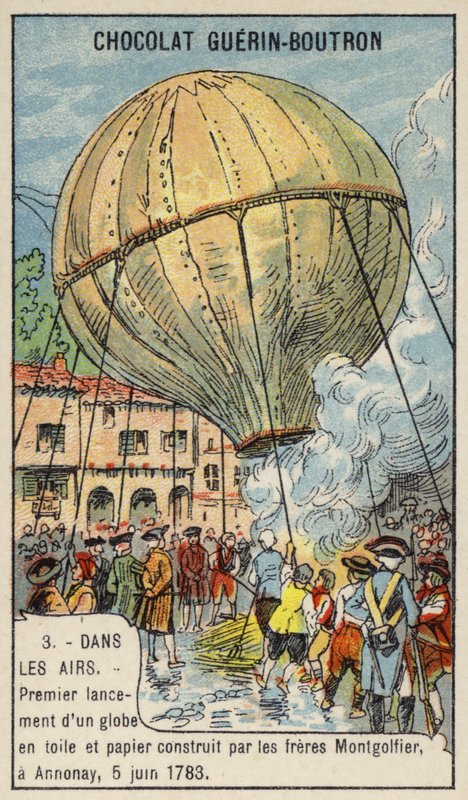 Hőlégballon első felbocsátása a Montgolfier Brothers által, Annonay, Franciaország, 1783. június 5. (chromolitho) alkotó: French School