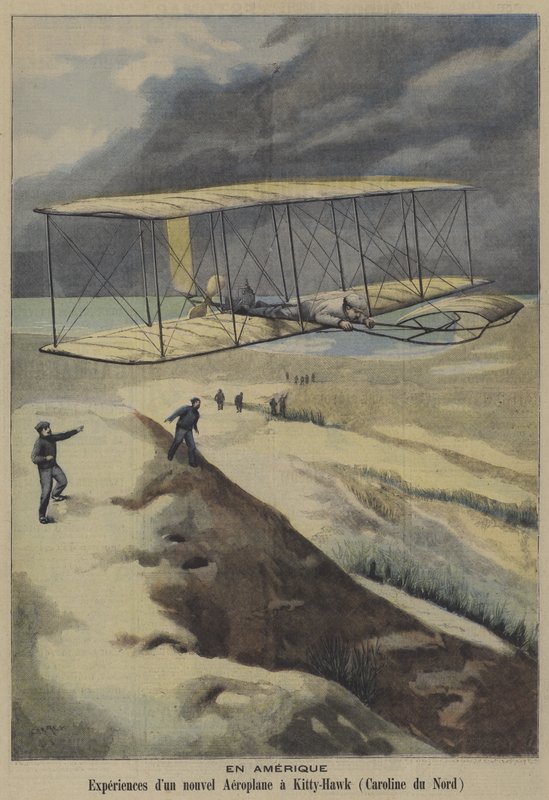 A Wright testvérek repülőgépének repülése Kitty Hawkban, Észak-Karolinában (színes litho) alkotó: French School