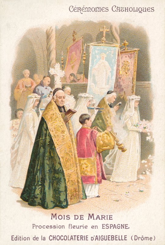 Virágkörmenet Szűz Mária tiszteletére május hónapban, Spanyolország (chromolitho) alkotó: French School
