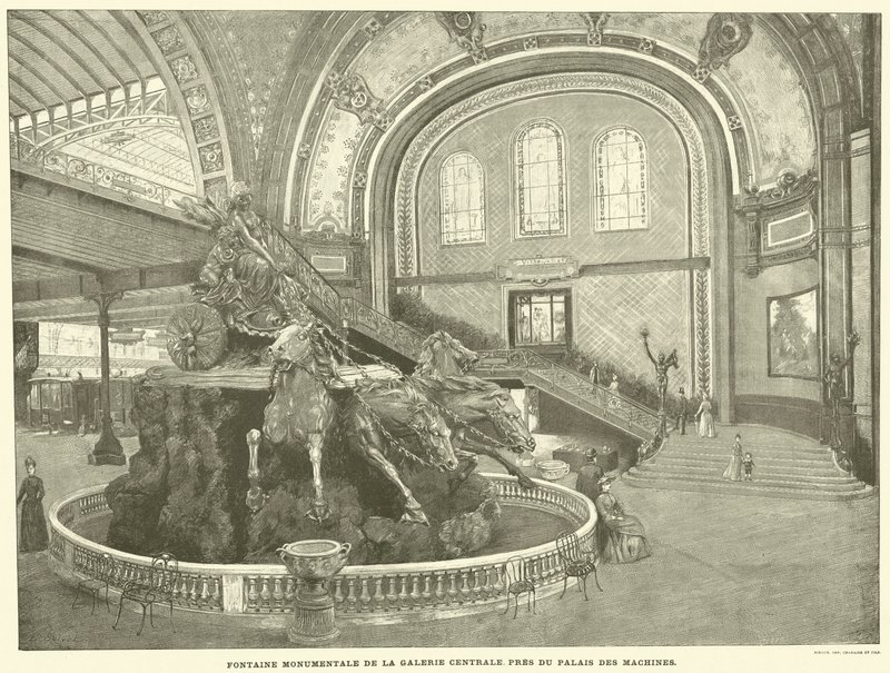A Központi Képtár monumentális szökőkútja, a Gépek Palotája közelében (metszet) alkotó: French School