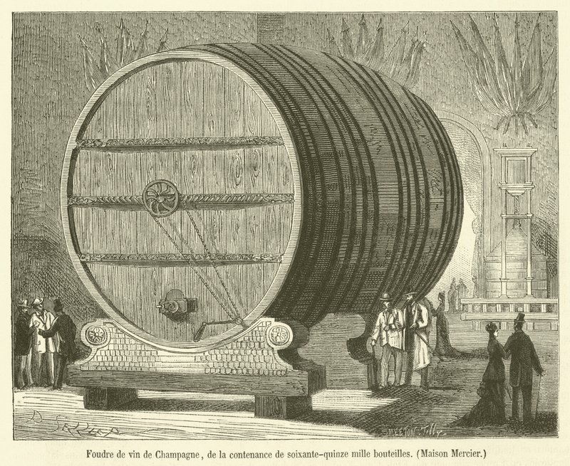 Foudre of Champagne bor, hetvenötezer palack űrtartalommal, Maison Mercier (metszet) alkotó: French School