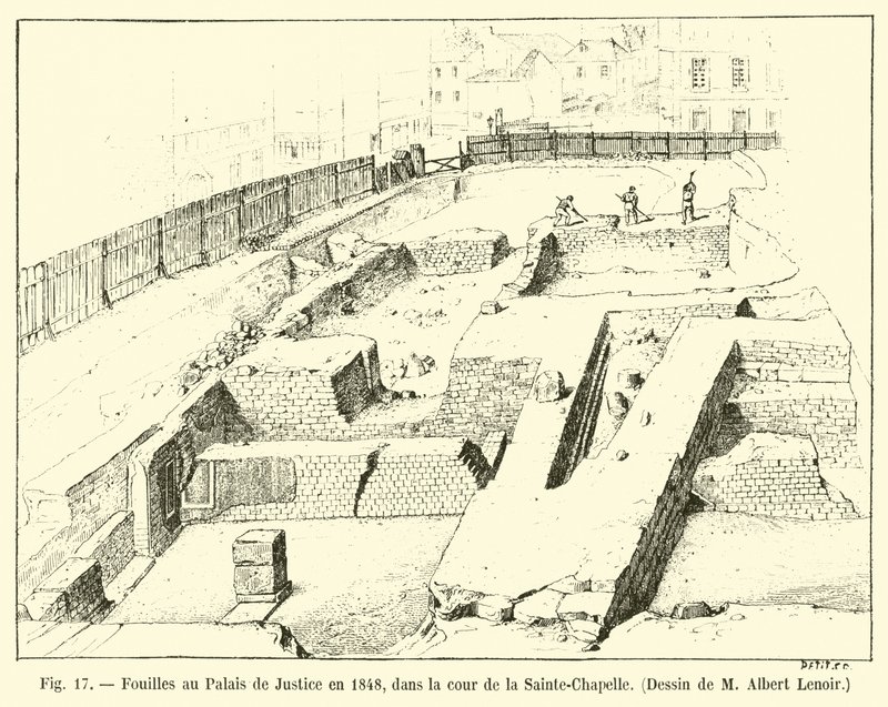 Ásatások a Palais de Justice-ban 1848-ban, a Sainte-Chapelle udvarán, M Albert Lenoir rajza alkotó: French School