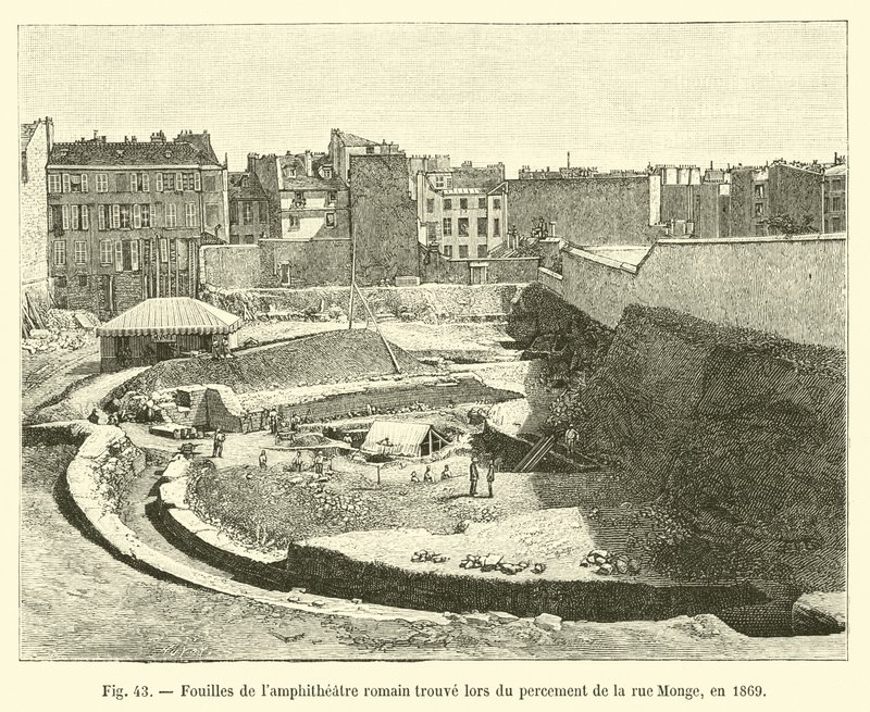 A rue Monge ásása során 1869-ben talált római lámpaszínház ásatása alkotó: French School