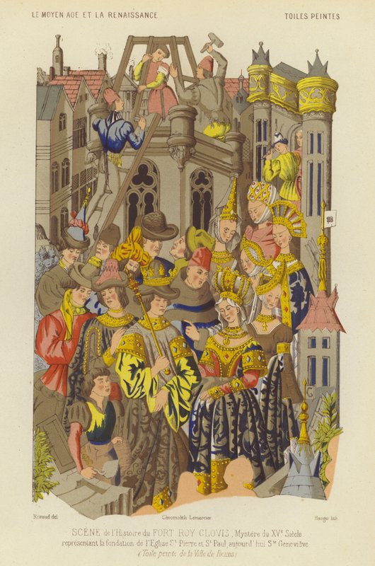 A párizsi Szent Genevieve-i apátság megalapítása Clovis, a frankok királya (chromolitho) uralkodása alatt alkotó: French School