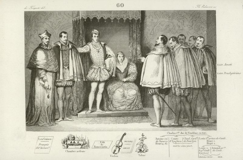 II. francia Ferenc tájékoztatja a parlament képviselőit, hogy nagybátyjait, Guise herceget és Károlyt, Lotharingia bíborosát választotta ki a kormányzásra, 1559 alkotó: French School