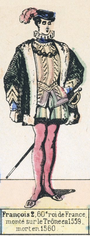 Francois 2, Franciaország 60. királya, 1559-ben lépett trónra, 1560-ban halt meg (színes metszet) alkotó: French School