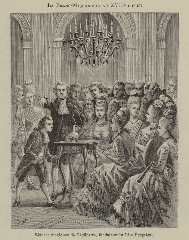 Szabadkőművesség a 18. században: varázslatos szeánsz Aleesandro Cagliostro, az egyiptomi rítus alapítója (metszet) vezetésével alkotó: French School