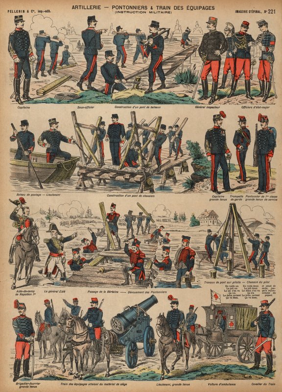 A francia hadsereg tüzérsége pontonhidakat épít (színezett metszet) alkotó: French School