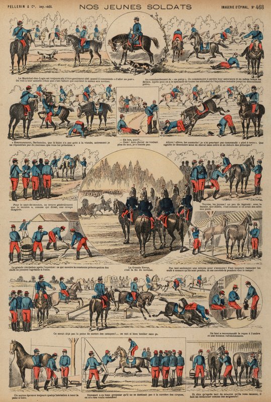 A francia hadsereg lovassági kadétjai kiképzésben (színes metszet) alkotó: French School