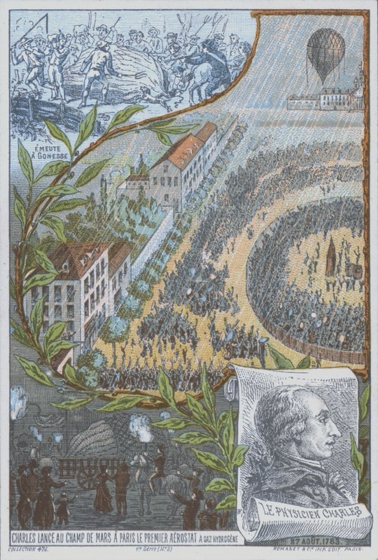 Jacques Charles francia ballonos az első hidrogénballont indítja a párizsi Champ de Mars-ról augusztus 27-én alkotó: French School