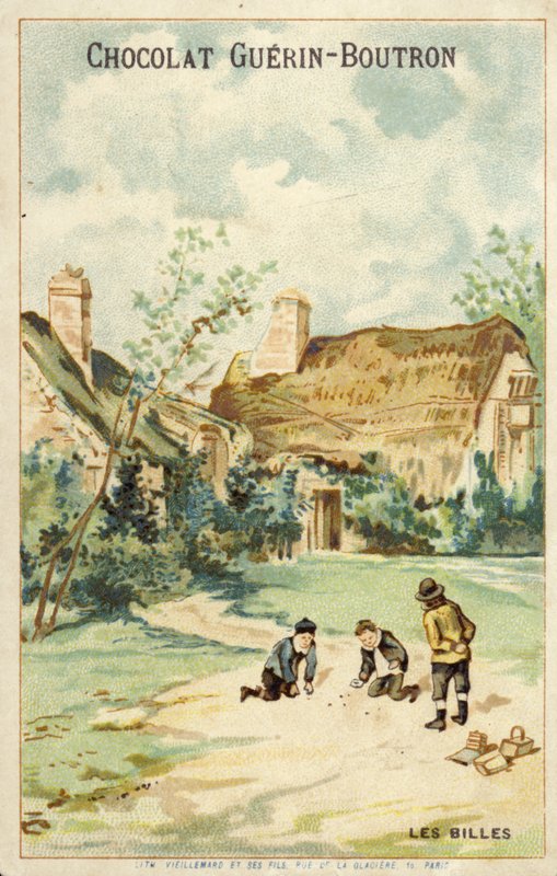 Francia gyerekek golyókat játszanak a házon kívül (chromolitho) alkotó: French School