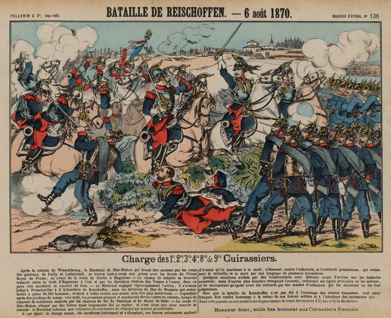 Francia cuirassiers porosz gyalogságot rohamozni a reichshoffeni csatában, francia-porosz háború, 1870. augusztus 6. (színes metszet) alkotó: French School