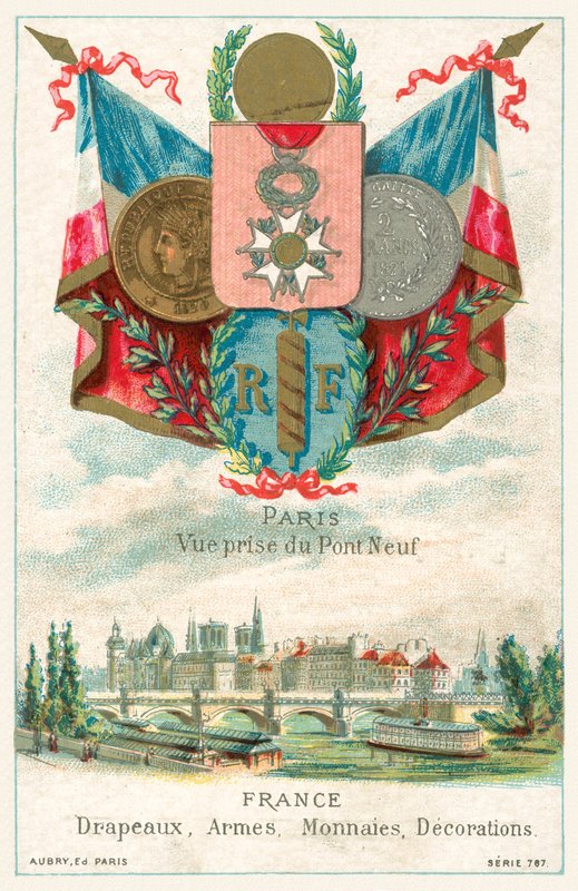 Francia zászlók, fegyverek, érmék és díszek, valamint Párizs kilátása a Pont Neufról (chromolitho) alkotó: French School