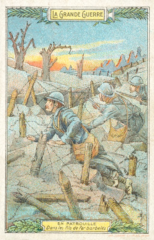 Francia járőr a szögesdrót között, I. világháború (chromolitho) alkotó: French School