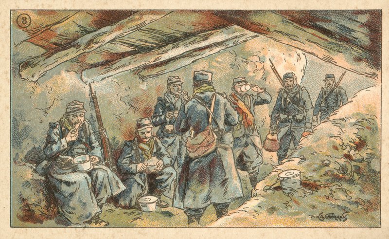Francia katonák, akik ásóban esznek, első világháború (chromolitho) alkotó: French School